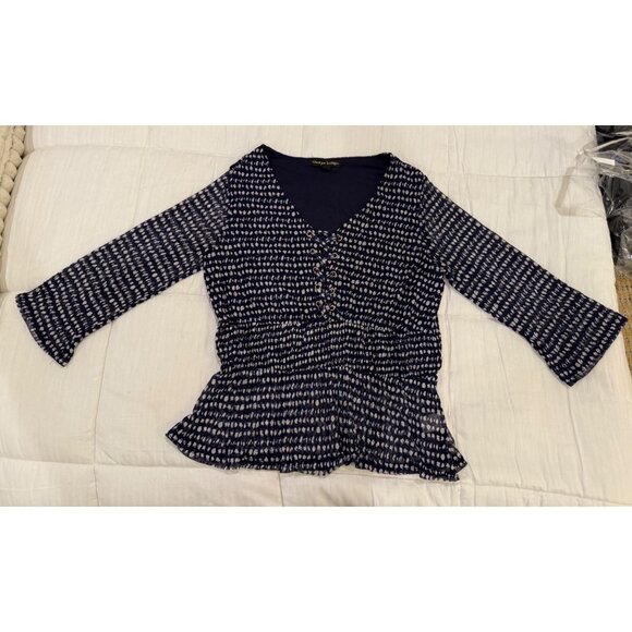 Always Indigo Womens M V-Neck Peplum Blouse Navy/White Patterned Lace-Up - Picture 1 of 8